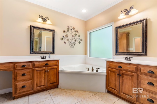 bathroom with vanity, a bathing tub, crown molding, and tile patterned flooring