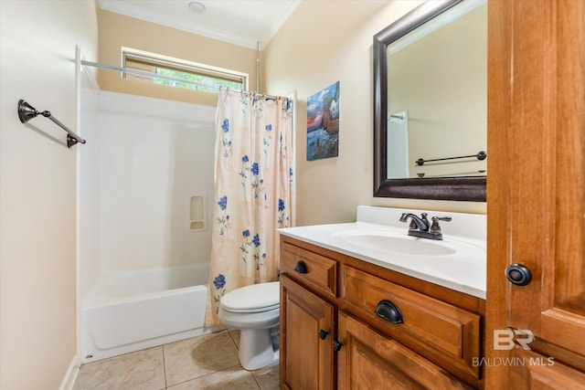 full bathroom featuring tile patterned flooring, shower / bathtub combination with curtain, ornamental molding, vanity, and toilet