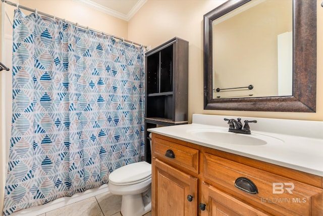 bathroom with vanity, tile patterned floors, walk in shower, crown molding, and toilet