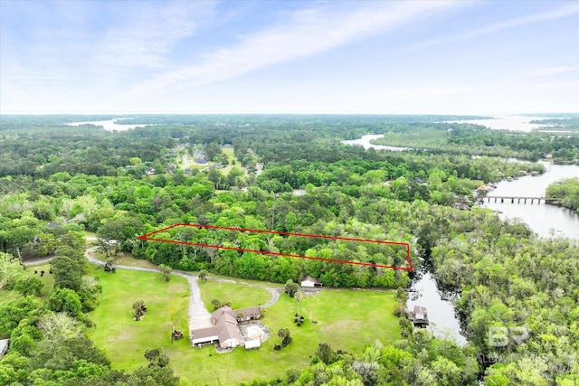 drone / aerial view featuring a water view