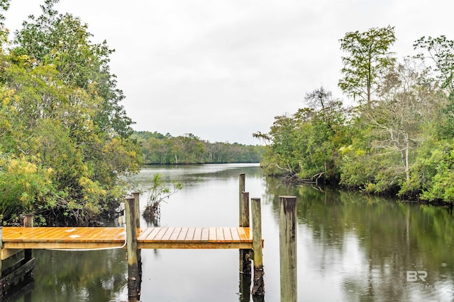 view of dock featuring a water view and a forest view