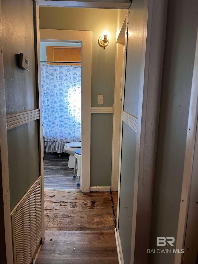 hallway with dark wood-type flooring