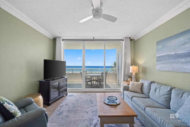 375 Beach Club Trl Unit B404, Gulf Shores, AL 36542 - living area featuring expansive windows, a textured ceiling, crown molding, wood finished floors, and a ceiling fan