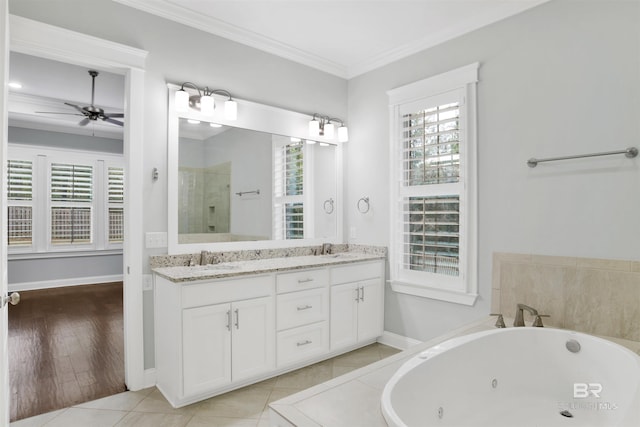 bathroom featuring crown molding, ceiling fan, vanity, tile patterned floors, and independent shower and bath