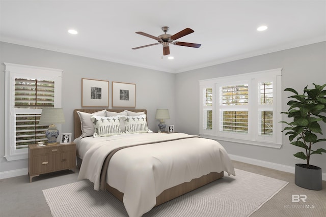8624 N Lamhatty Ln, Daphne, AL 36526 - bedroom with light carpet, recessed lighting, baseboards, ornamental molding, and ceiling fan