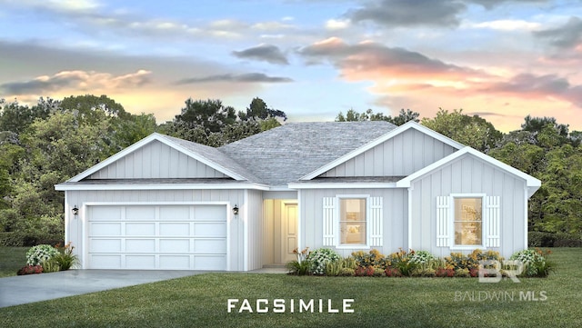 view of front of house featuring a garage, concrete driveway, roof with shingles, and board and batten siding