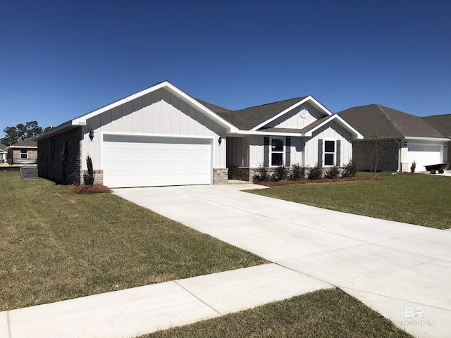 view of front facade featuring board and batten siding, concrete driveway, an attached garage, and a front lawn