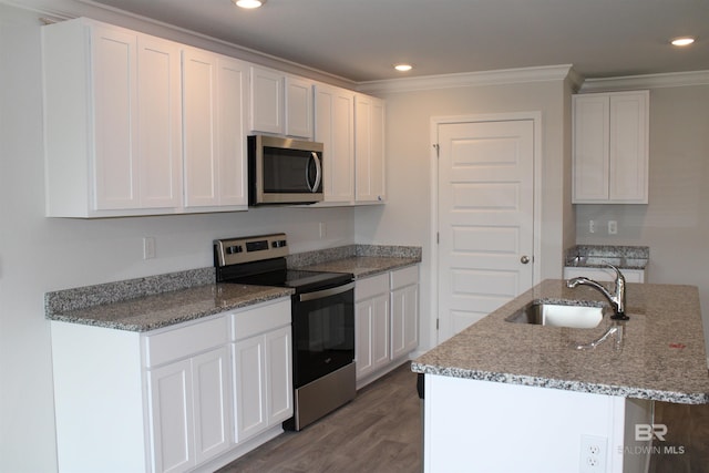 kitchen with stainless steel appliances, light stone countertops, ornamental molding, a sink, and wood finished floors