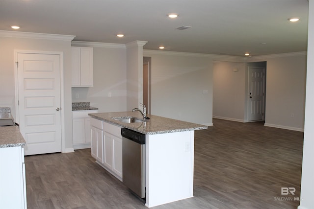 kitchen with a center island with sink, dark wood-style flooring, stainless steel dishwasher, white cabinetry, and a sink