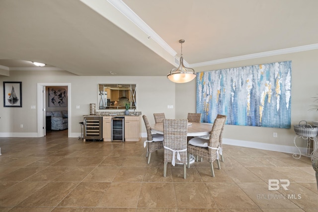 dining space featuring crown molding, wine cooler, and light tile floors