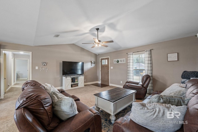 carpeted living room with lofted ceiling and ceiling fan