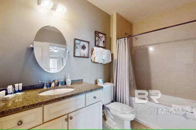 full bath with toilet, shower / bath combination with curtain, and vanity
