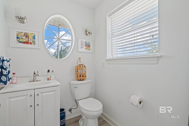 bathroom featuring hardwood / wood-style flooring, vanity, and toilet