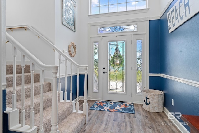 entryway with a wealth of natural light, wood-type flooring, and a high ceiling