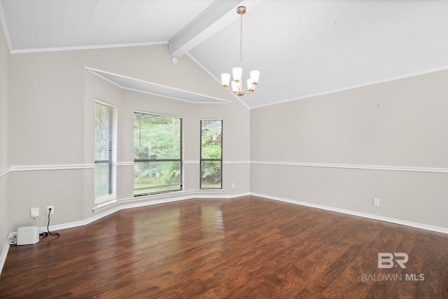 spare room featuring crown molding, wood-type flooring, a chandelier, and vaulted ceiling with beams