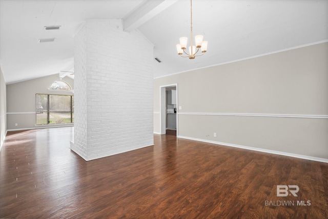 empty room with vaulted ceiling with beams, a notable chandelier, and dark hardwood / wood-style floors