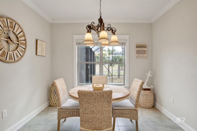 dining space featuring crown molding, light tile patterned flooring, and a notable chandelier