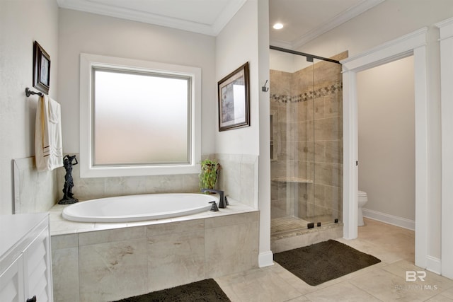 bathroom featuring tile patterned flooring, ornamental molding, toilet, and separate shower and tub