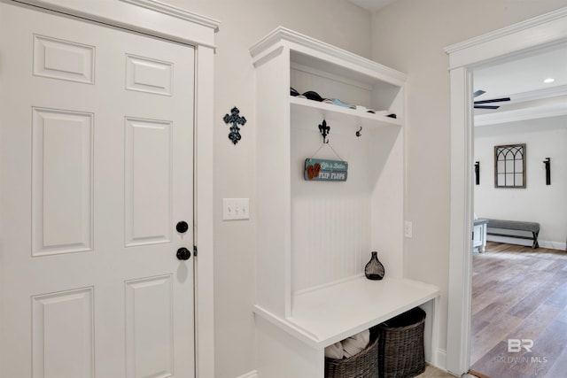 mudroom with hardwood / wood-style flooring