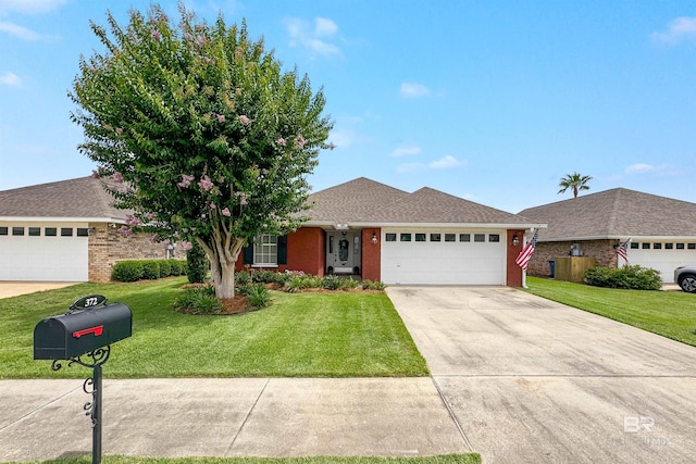 ranch-style house with a garage and a front lawn