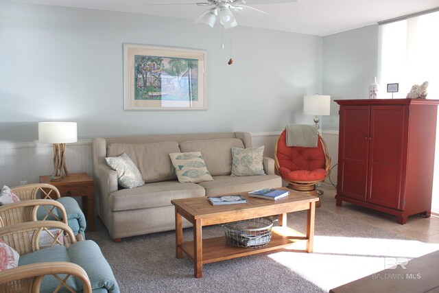 living room with ceiling fan