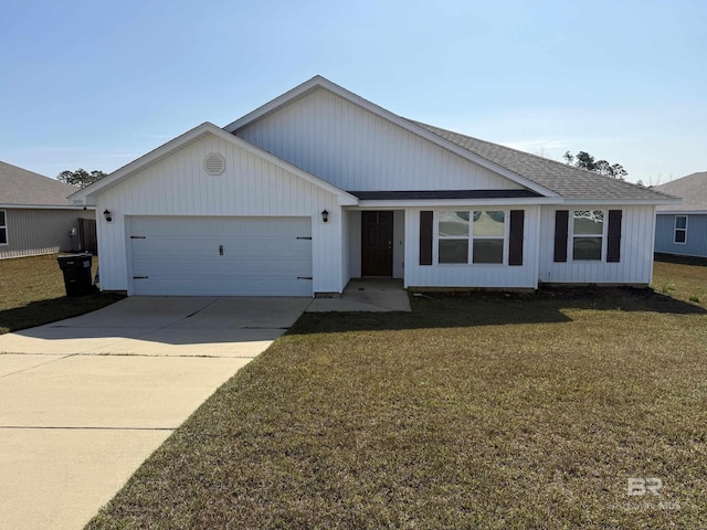 single story home featuring a garage, a front lawn, roof with shingles, and concrete driveway