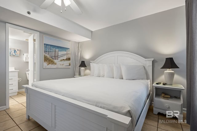 bedroom featuring connected bathroom, ceiling fan, and light tile patterned flooring