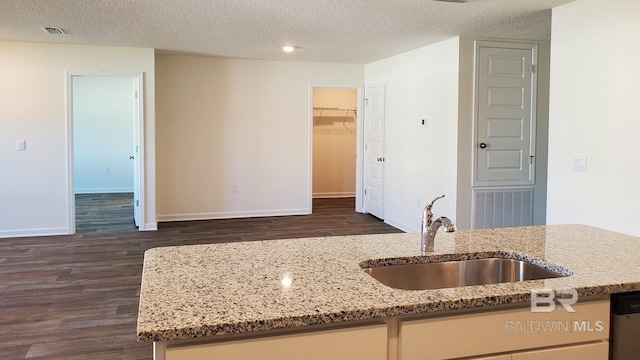 kitchen with light stone counters, dark wood-style flooring, and a sink