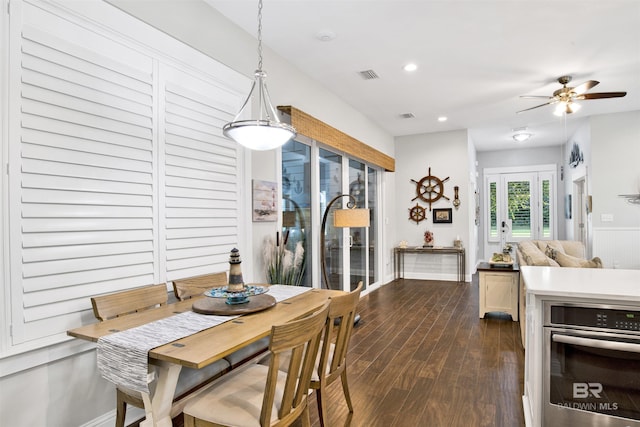 dining room with visible vents, baseboards, recessed lighting, ceiling fan, and dark wood-type flooring