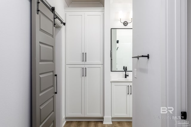 bathroom with wood finished floors and vanity