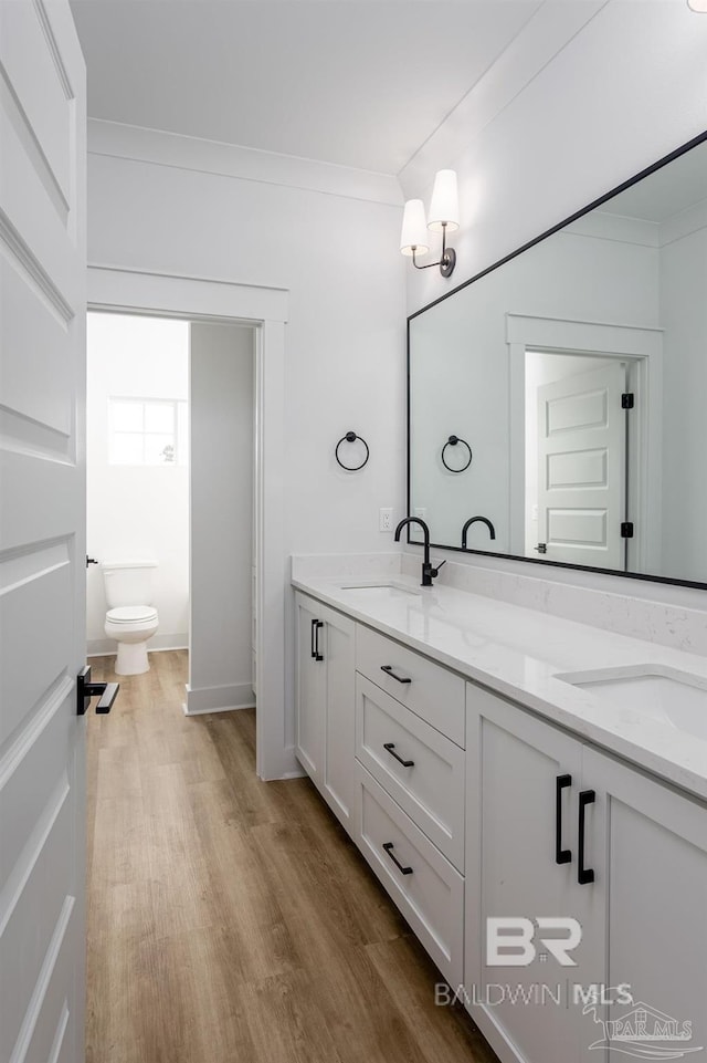 full bathroom with double vanity, crown molding, a sink, and wood finished floors