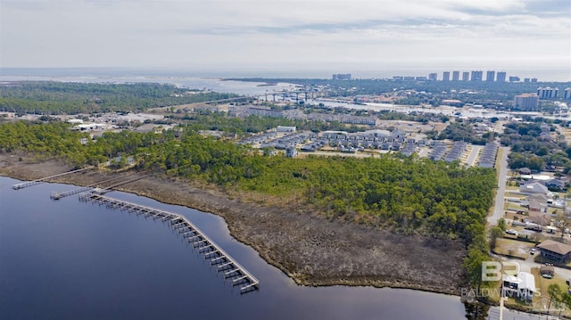 drone / aerial view featuring a water view and a city view