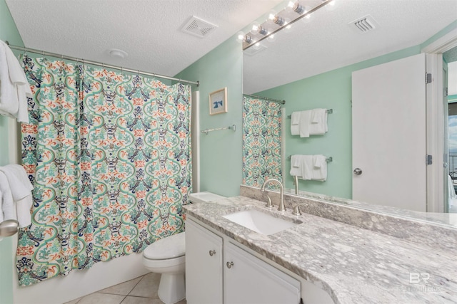 full bathroom featuring tile flooring, shower / bath combination with curtain, a textured ceiling, toilet, and vanity