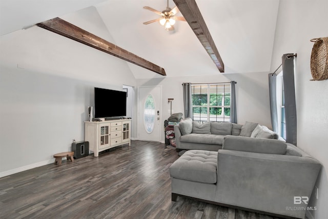 living room with high vaulted ceiling, dark wood-type flooring, ceiling fan, and beam ceiling