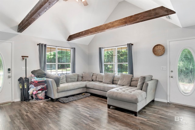 living room with dark hardwood / wood-style floors, high vaulted ceiling, ceiling fan, and beam ceiling