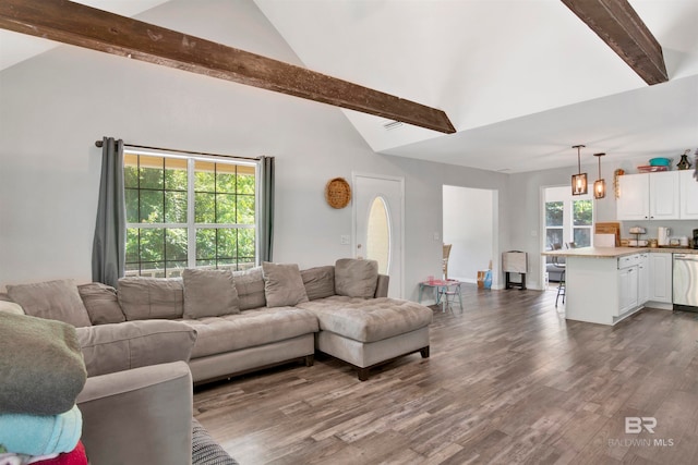 living room featuring high vaulted ceiling, wood-type flooring, and beamed ceiling