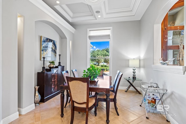 dining room featuring crown molding, coffered ceiling, light tile patterned floors, and beamed ceiling