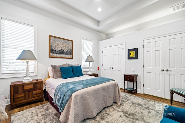 bedroom featuring multiple windows, hardwood / wood-style flooring, and two closets