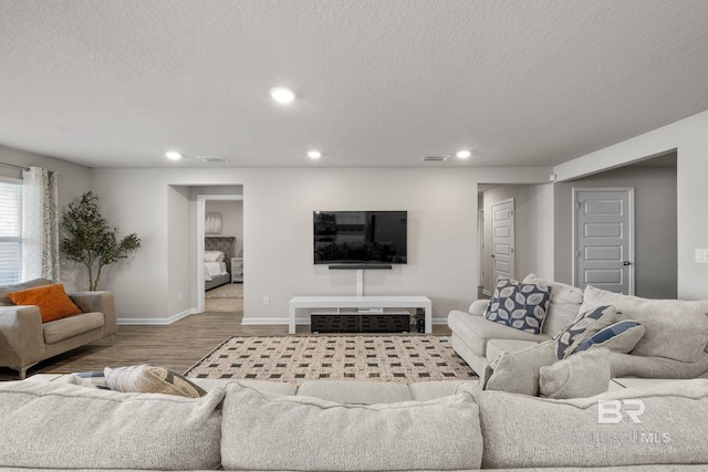 living room with a textured ceiling and hardwood / wood-style flooring