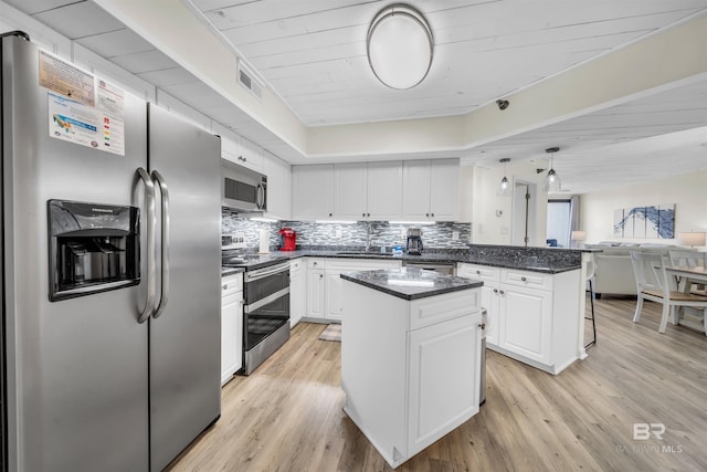 kitchen featuring backsplash, light hardwood / wood-style floors, a kitchen island, white cabinetry, and stainless steel appliances