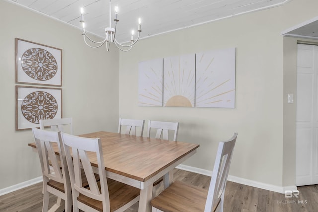 dining room with wood-type flooring and a notable chandelier