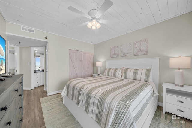 bedroom featuring hardwood / wood-style floors, ceiling fan, and wood ceiling