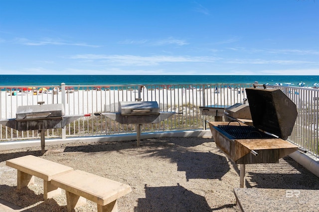 exterior space featuring a beach view