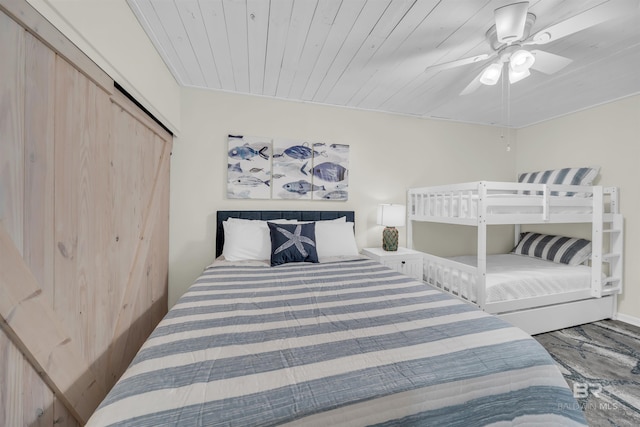 bedroom featuring ceiling fan, wooden ceiling, and a closet