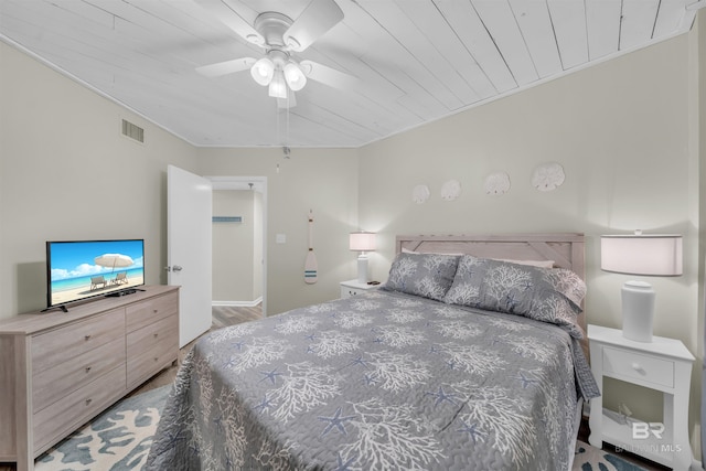 bedroom featuring wood-type flooring, ceiling fan, and wood ceiling