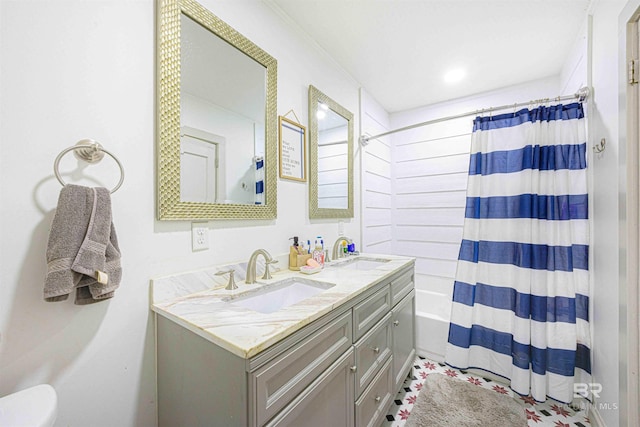 bathroom with vanity and shower / bath combination with curtain