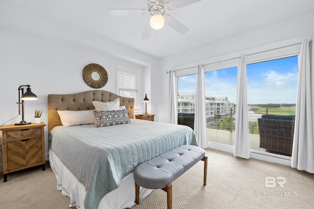 bedroom with multiple windows, access to exterior, and light colored carpet