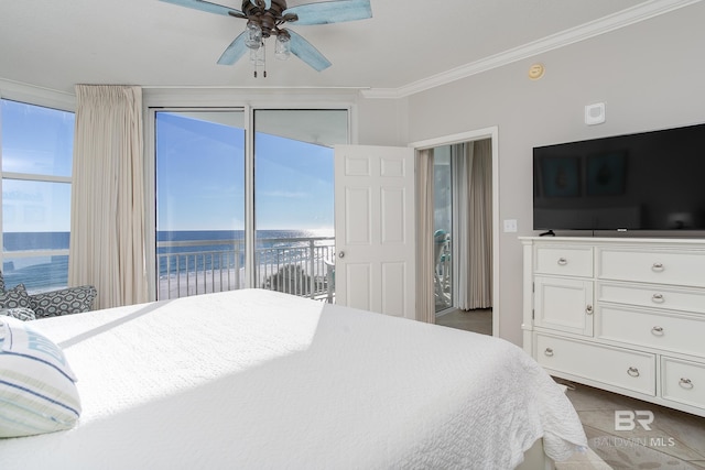 bedroom featuring multiple windows, ceiling fan, ornamental molding, and access to exterior