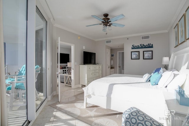 bedroom with access to outside, ceiling fan, crown molding, and light tile patterned flooring