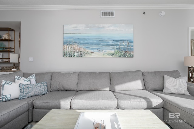 living room featuring crown molding